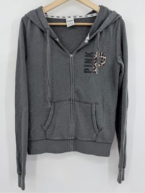 Victoria's Secret PINK Hoodie Womens Small Gray Leopard Print Full Zip Sweatshir
